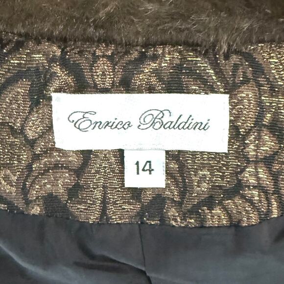 Enrico Baldini Brown Metallic Damask Brocade Jacket with Faux Fur Collar 14 - Picture 6 of 8